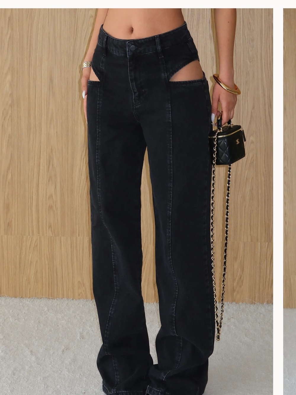 Black High-Rise Straight Leg Jeans with Hip Cutouts